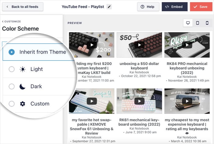 color schemes available for youtube feed