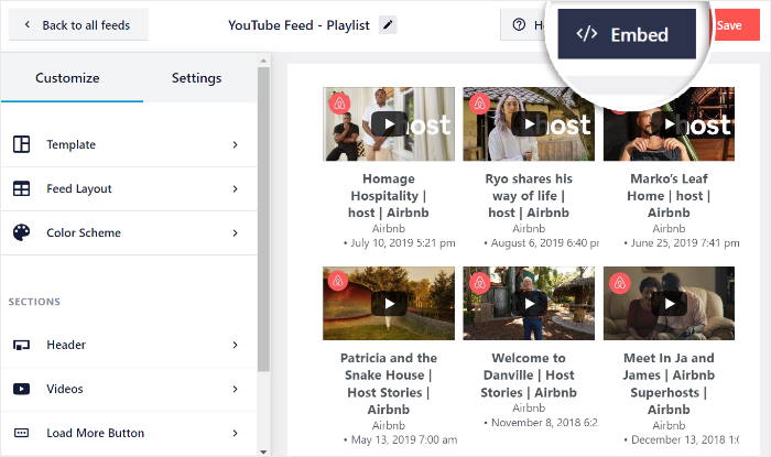 Klicken Sie auf die Schaltfläche "Einbetten" youtube feeds pro
