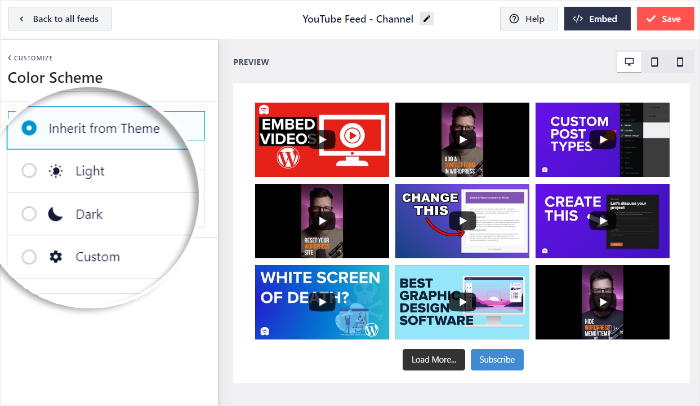 select-your-color-scheme-youtube-feed - Smash Balloon select your color scheme youtube feed