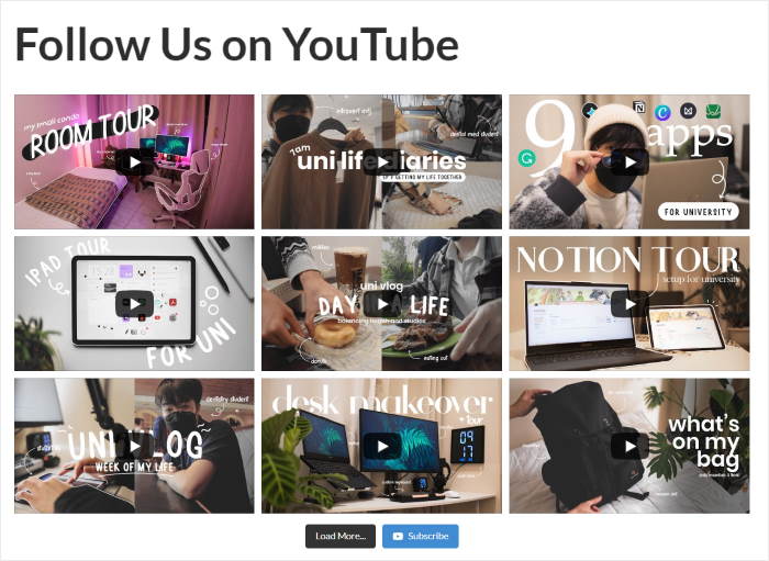 grid layout youtube channel feed