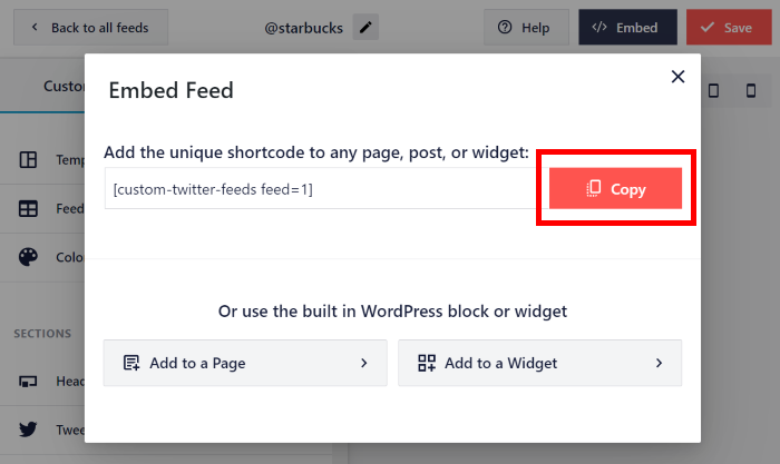 copier le shortcode twitter feed pro