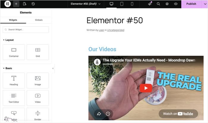 elementor user interface with the video embed - Smash Balloon elementor user interface with the video embed