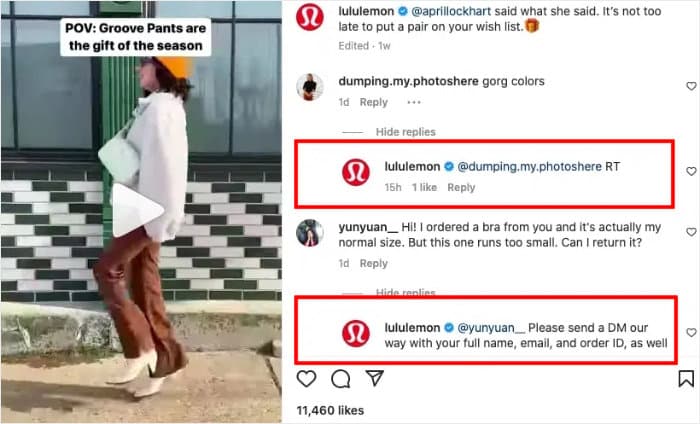 example of replying to instagram comments