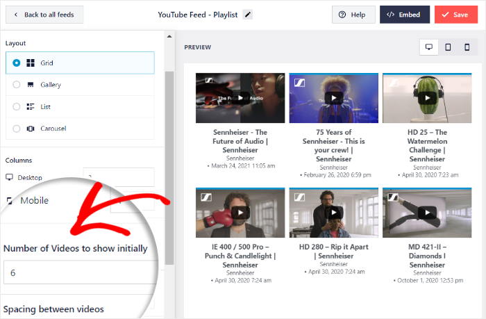 número de vídeos feed de vídeo do youtube