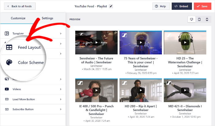 layout de feed para listas de reprodução do youtube
