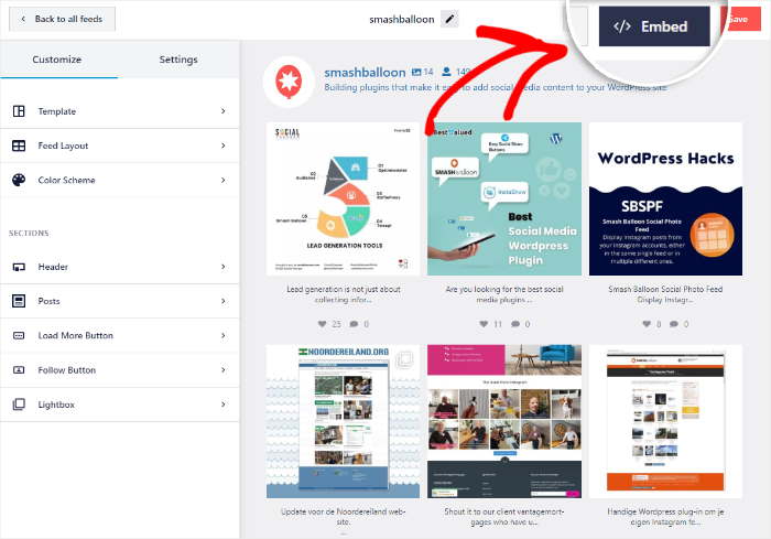 botão de incorporação feed de menções do instagram