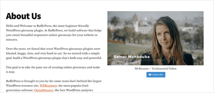about us page for rafflepress with testimonial