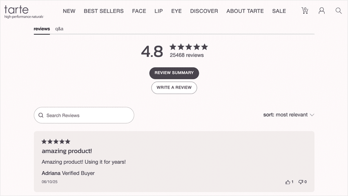 tarte cosmetics reviews on a product page