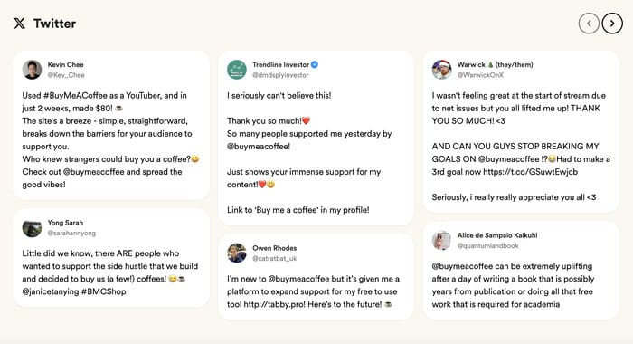 testimonial slider with tweets for buy me coffee