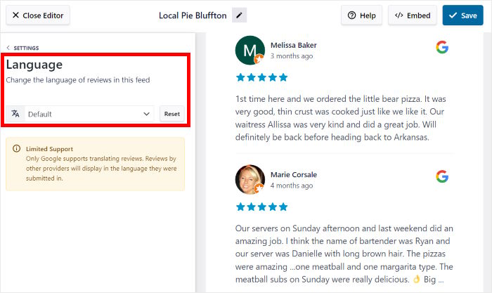 seleccione el idioma para el feed de reseñas de google