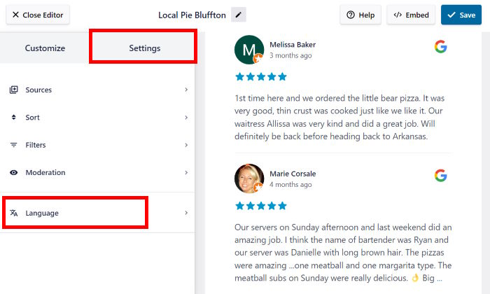 opciones de idioma para la alimentación individual