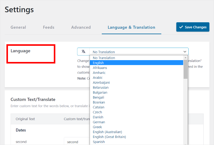 haga clic en la opción de idioma