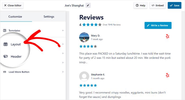 open layout options yelp reviews feed pro