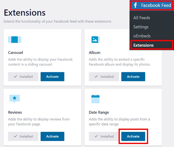 activer l'extension de l'intervalle de dates facebook feed pro