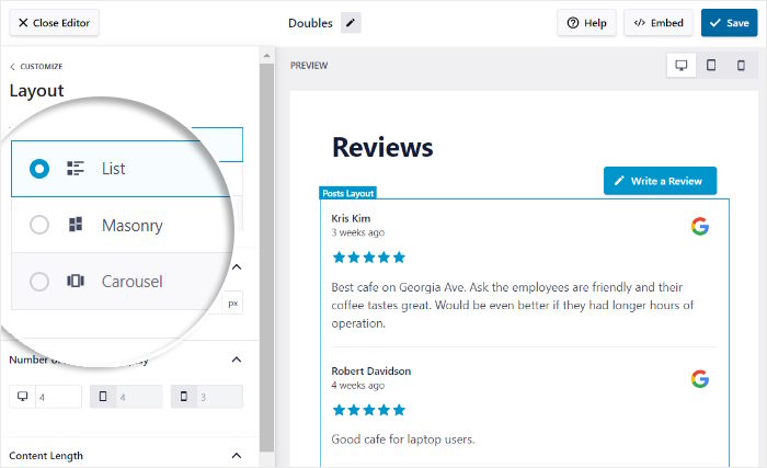 reviews feed lite options de mise en page