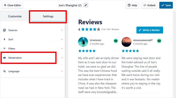 opções de moderação abertas para o tripadvisor