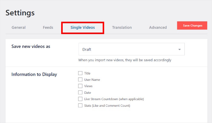 single video settings youtube feed update