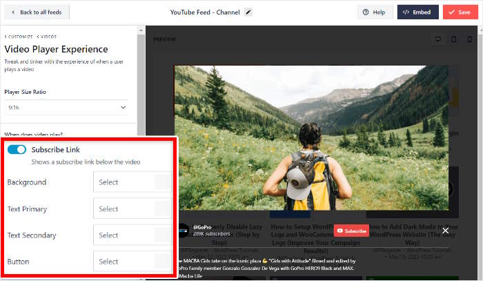 Abonnement-Schaltfläche Optionen youtube feed pro