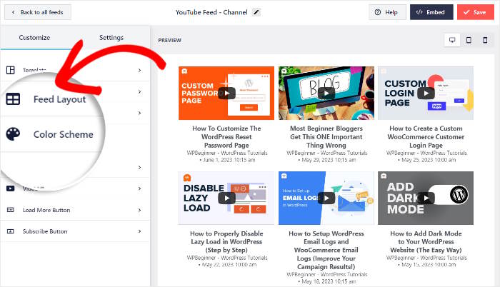 Klicken Sie auf die Option Feed-Layout
