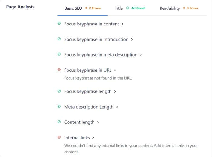 on page analysis aioseo