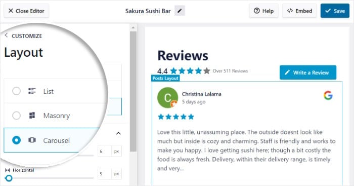 seleccione el diseño del carrusel reviews feed pro