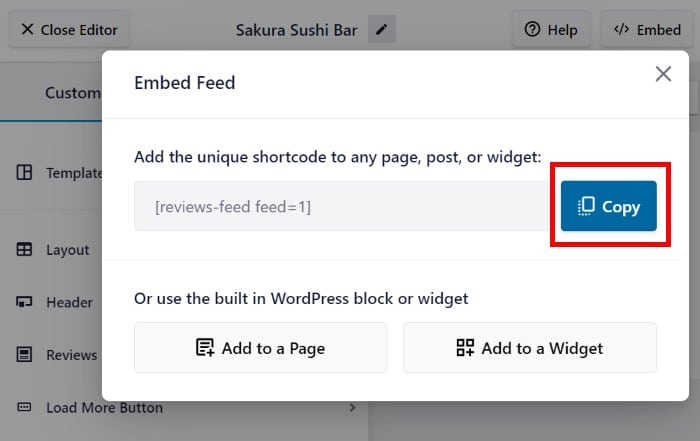 copy your shortcode embed elementor yelp reviews 