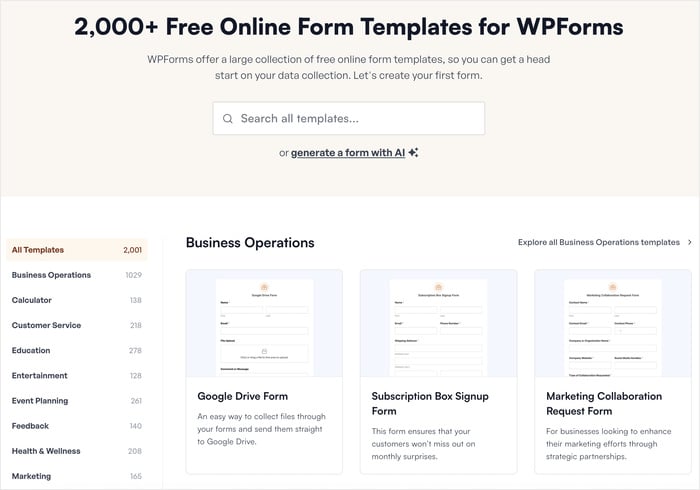 wpforms seleziona la pagina del modello