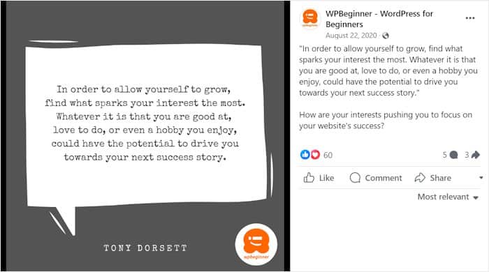 citazione ispirazionale postata su facebook