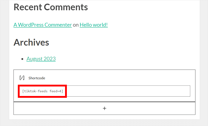 incolla shortcode per tiktok feed pro
