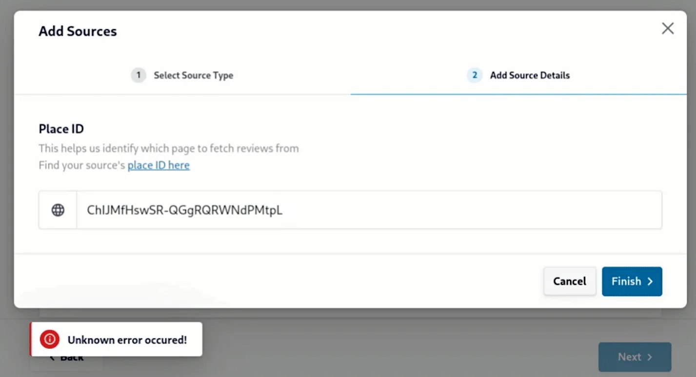 An “Unknown error occurred” while adding Google Place ID - Smash Balloon