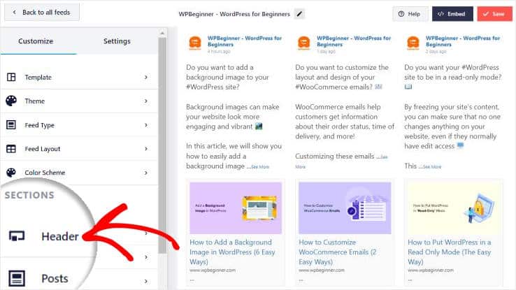 Wählen Sie die Option „Kopfzeile“ aus dem visuellen Customizer aus.