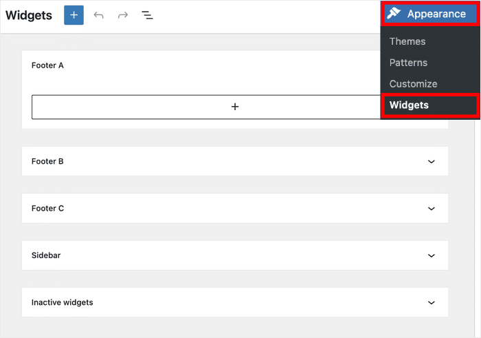 open widgets page in wordpress