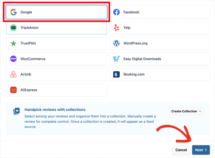 select google as the source for your reviews widget - Smash Balloon Selecciona Google como fuente para tu widget de reseñas