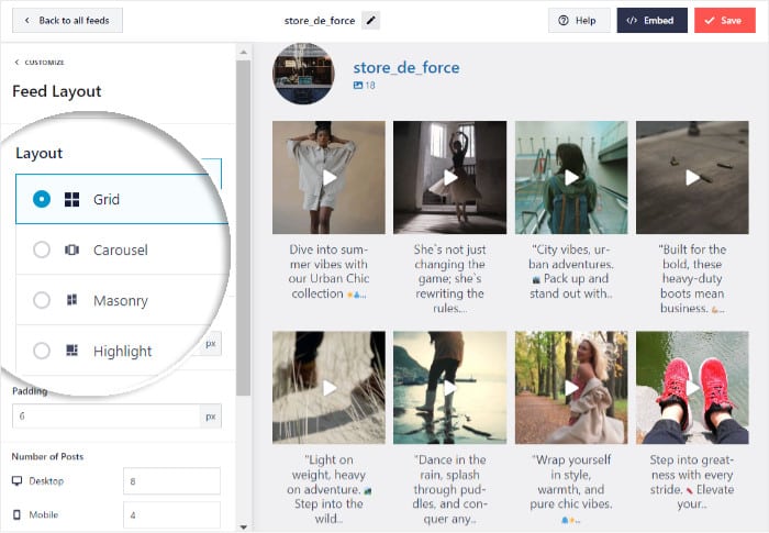 layout optpions for Instagram feed pro