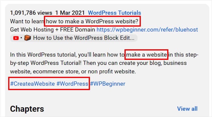 keywords in description and video tag