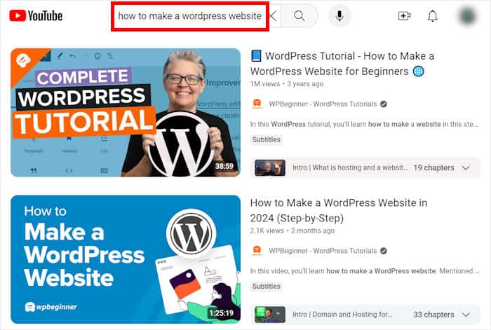 search results on youtube