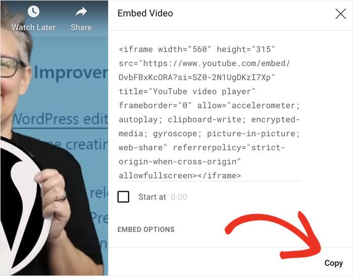 copy button youtube embed