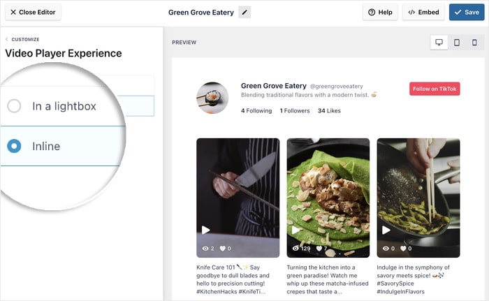 escolher entre inline e lightbox tiktok