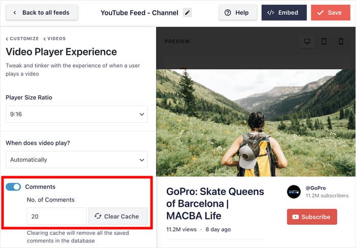 controlar os comentários do feed do youtube
