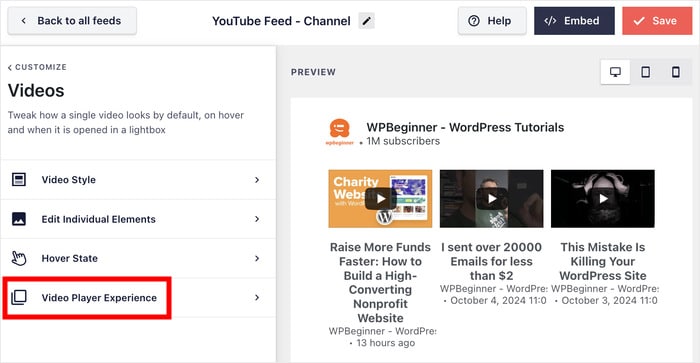 opção de experiência do leitor de vídeo para o youtube