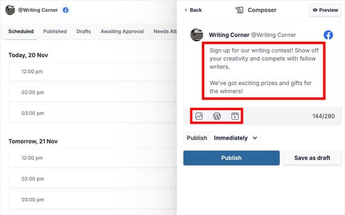 Entwurf eines Facebook-Posts in Clicksocial