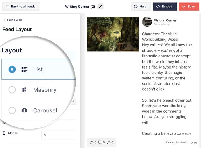 opciones de diseño para el widget de feed de facebook