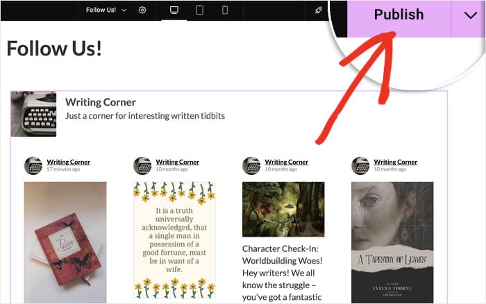 Betten Sie den Elementor-Facebook-Feed in Ihre Website ein, indem Sie auf „Veröffentlichen“ klicken.