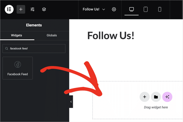 Facebook-Feed-Block per Drag & Drop auf Elementor ziehen