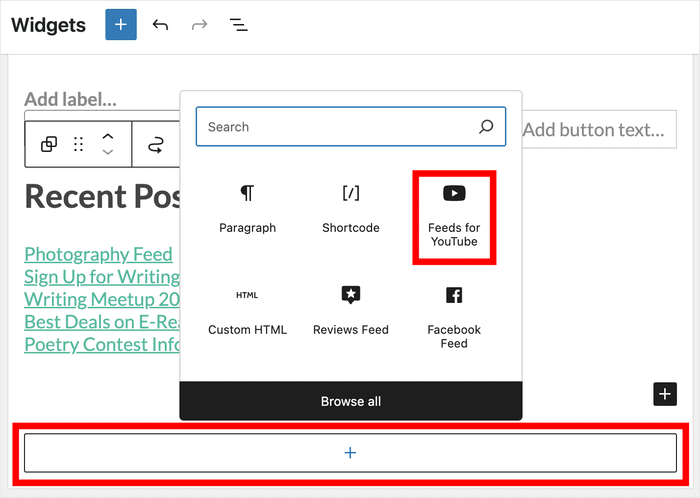 ein neues Widget in die Fußzeile einfügen und Feeds für youtube auswählen