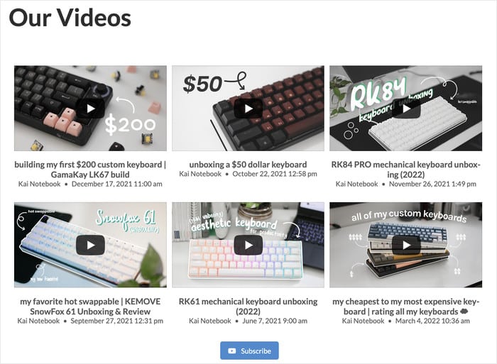 example of youtube feed on website