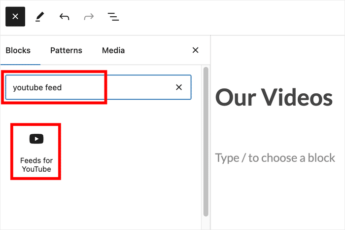 Suche nach den Feeds für den youtube-Block