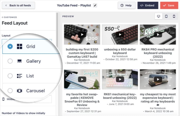 feed layout options for youtube playlist feed