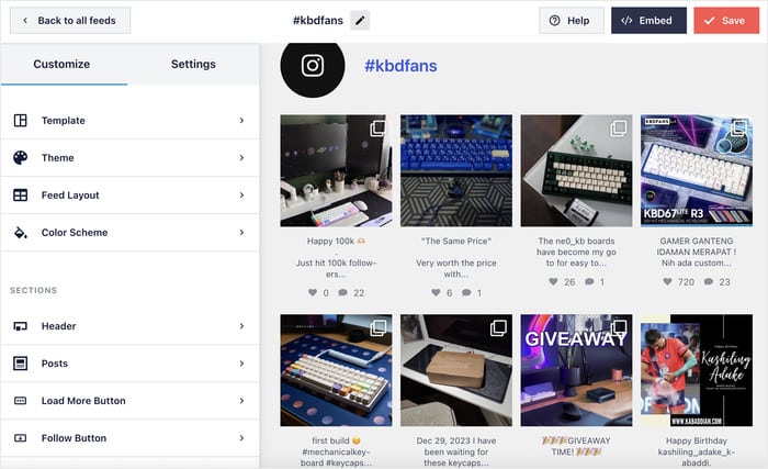 live feed editor for the instagram feed plugins hashtag feed type - Smash Balloon Editor de feeds en directo para el tipo de feed de hashtags del complemento de Instagram