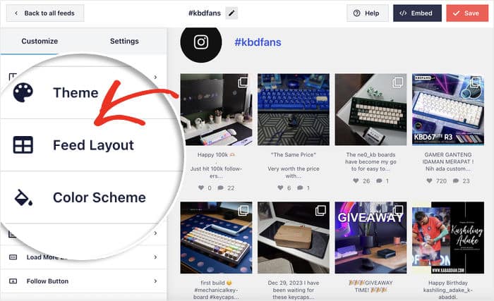 feed layout option for hashtag instagram feed - Smash Balloon Opción de diseño del feed para el feed de Instagram con hashtags